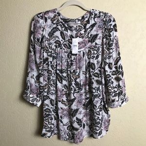 LOFT Pullover Blouse Pink and Black Florals